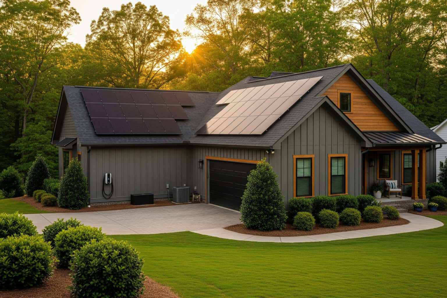 Greenville SC Solar Panels at Sunset Greenville SC home with rooftop solar panels reflecting warm sunset light.