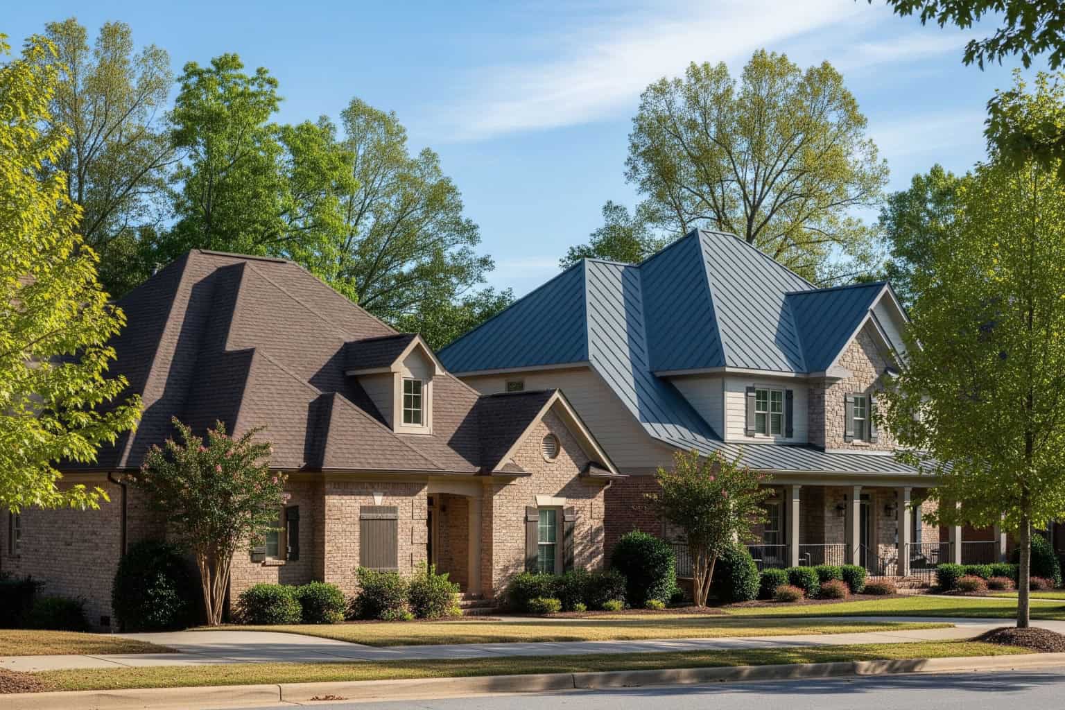 Asphalt vs metal roofing comparison in Anderson SC Anderson neighborhood homes with asphalt shingle roof and metal roof for comparison.