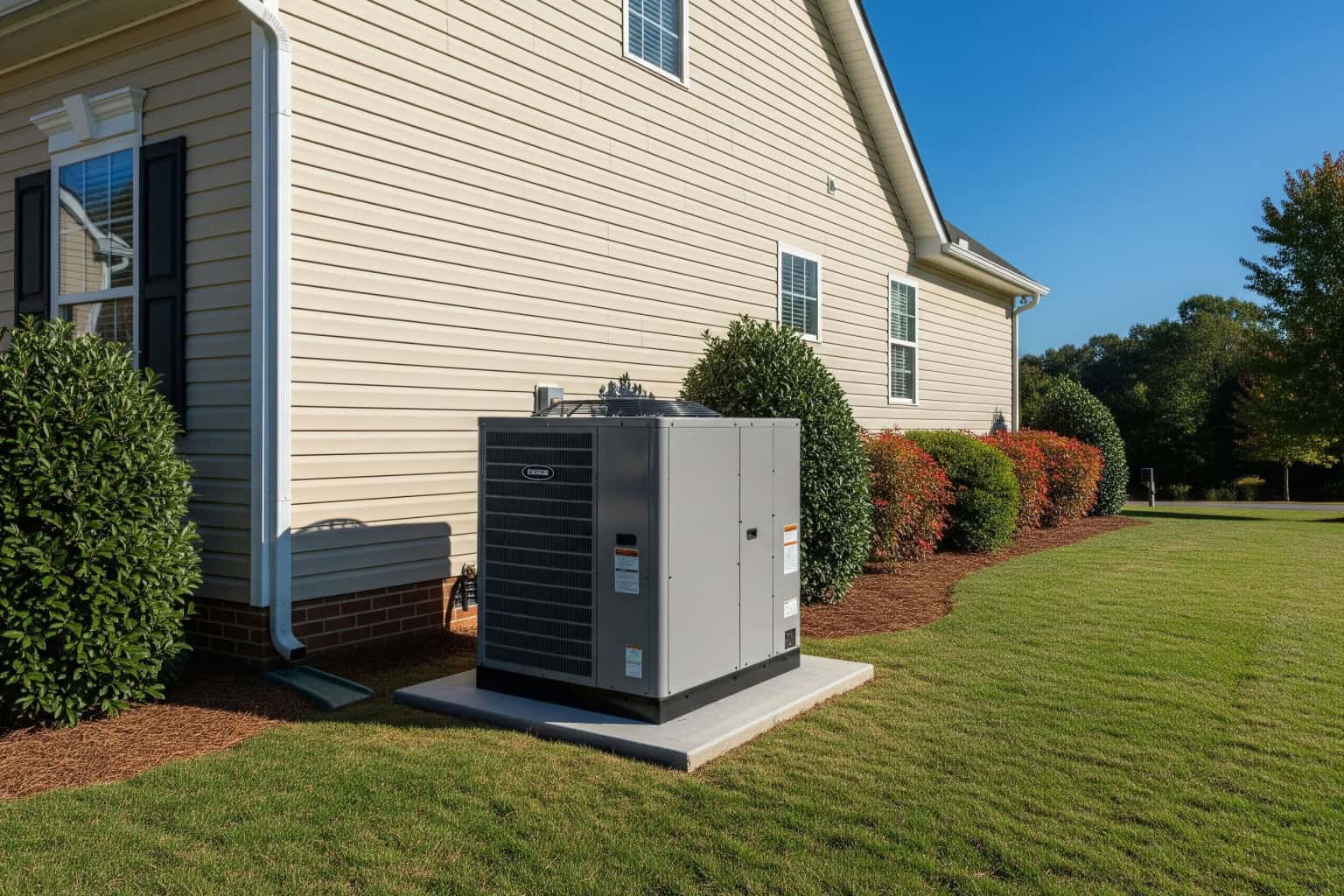 Heat pump installation at Spartanburg home A new heat pump system installed beside a vinyl-sided home in Spartanburg, SC.