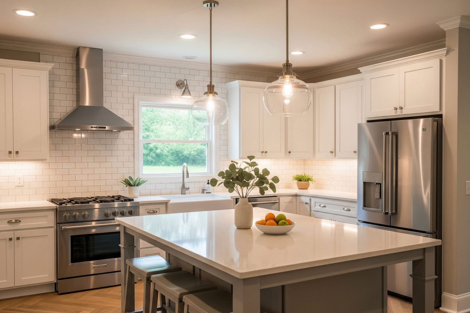 Transitional kitchen remodel in Greenville SC Transitional kitchen renovation in Greenville SC with white cabinetry, backsplash, and pendant lights.