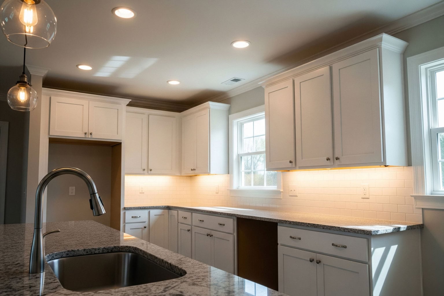 LED kitchen lighting upgrade in Anderson SC LED under-cabinet and recessed ceiling lighting in a modern Anderson, SC kitchen.