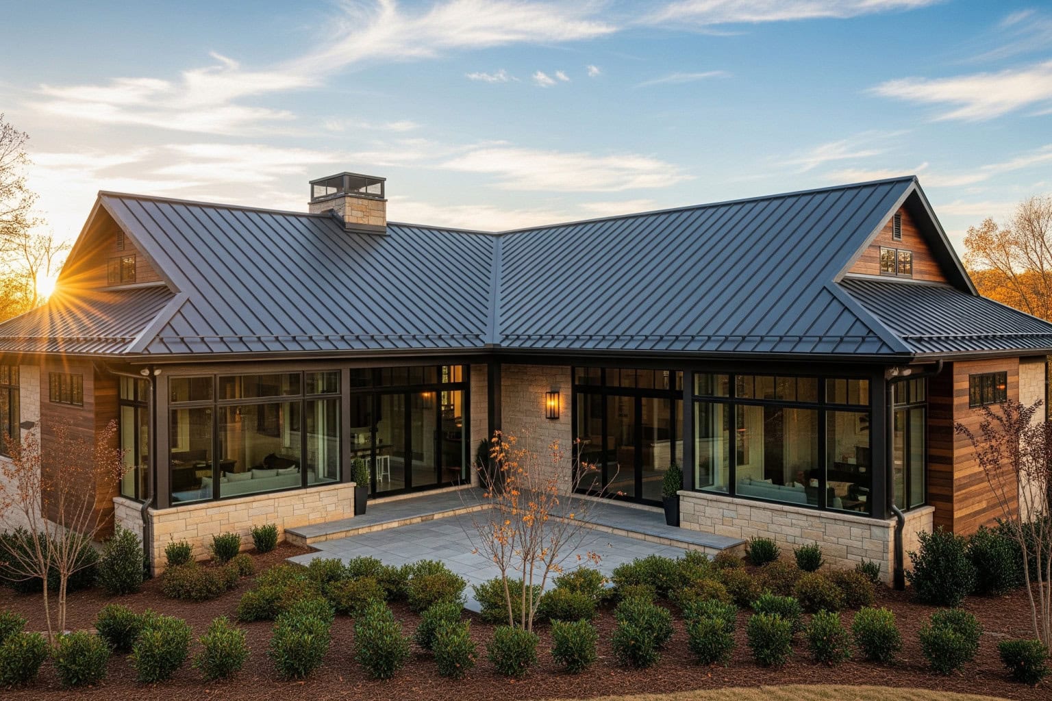 Metal roofing with a sunset view in Anderson SC Sunset over metal roof close-up on a home in Anderson, SC.
