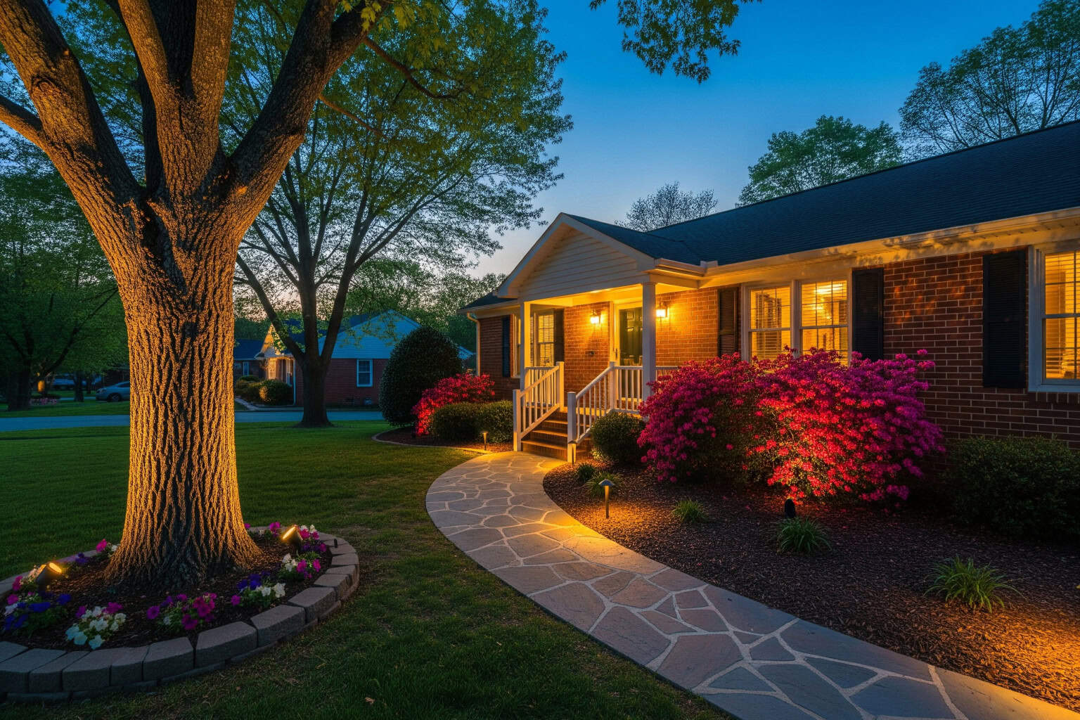 Outdoor landscape lighting installation in Anderson SC Outdoor landscape lighting installation at an Anderson, SC home with walkway and tree accent lighting.