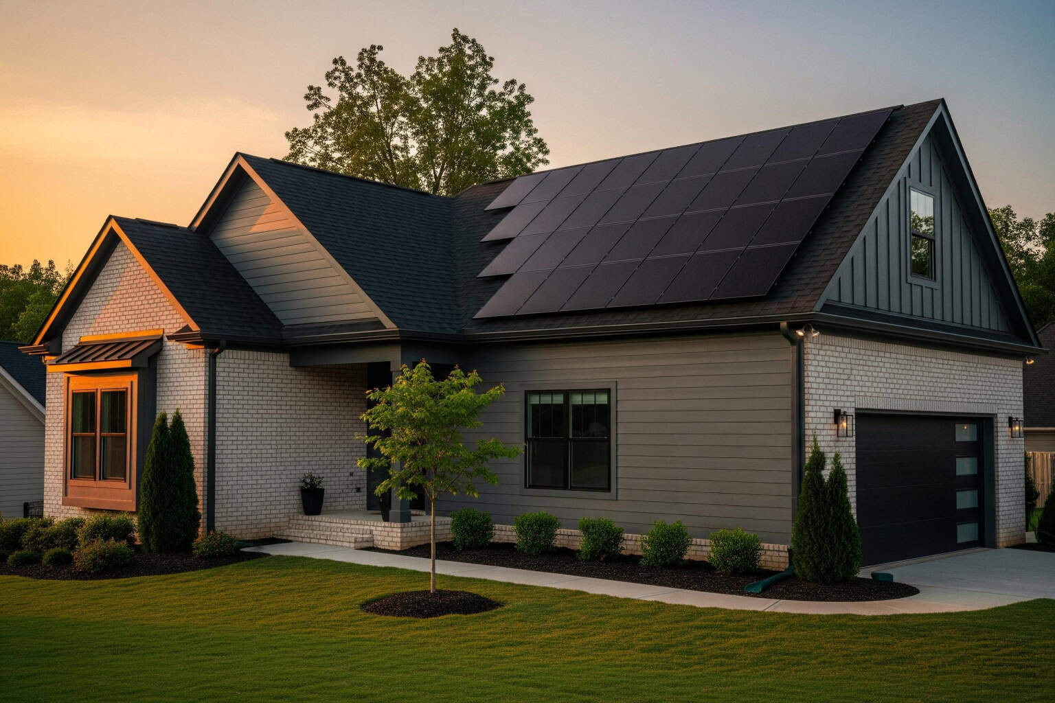 Maintained solar array in Upstate South Carolina Maintained solar array on a residential home in Upstate SC during sunset.