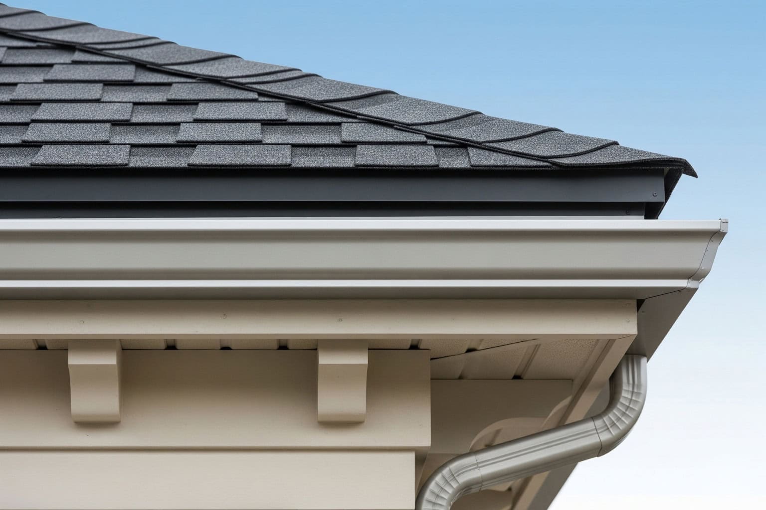 Eave, drip edge, and gutter repair detail in Spartanburg SC Eave detail with drip edge, starter course, and aluminum gutter on a Spartanburg, SC home.