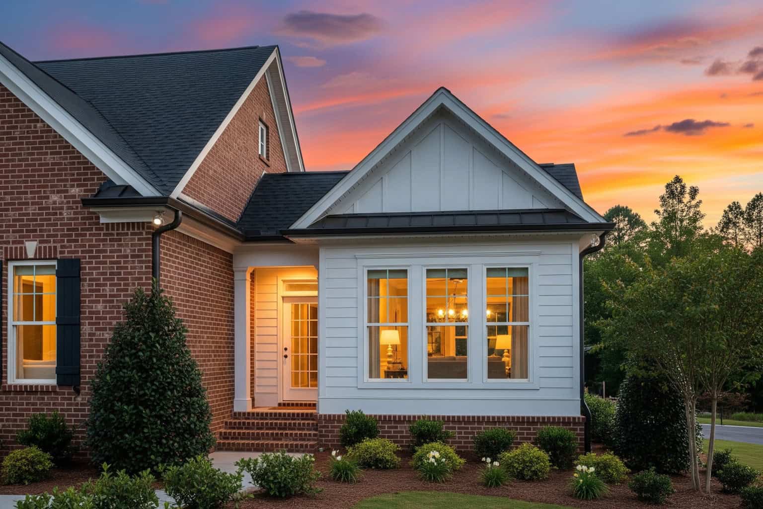 Seamless home addition exterior in Greer SC A Greer, SC suburban house with a new home addition that blends seamlessly into the original structure.