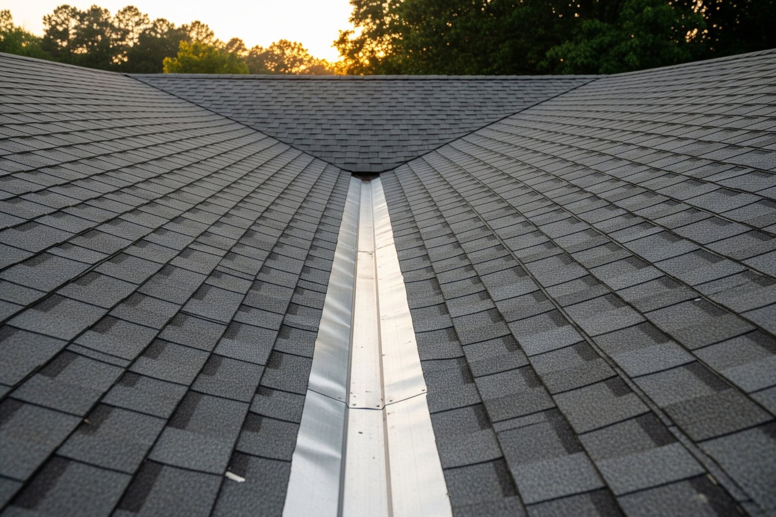 Roof valley flashing repair detail in Spartanburg SC Repaired asphalt-shingle roof valley with new metal flashing on a Spartanburg, SC home in soft daylight.