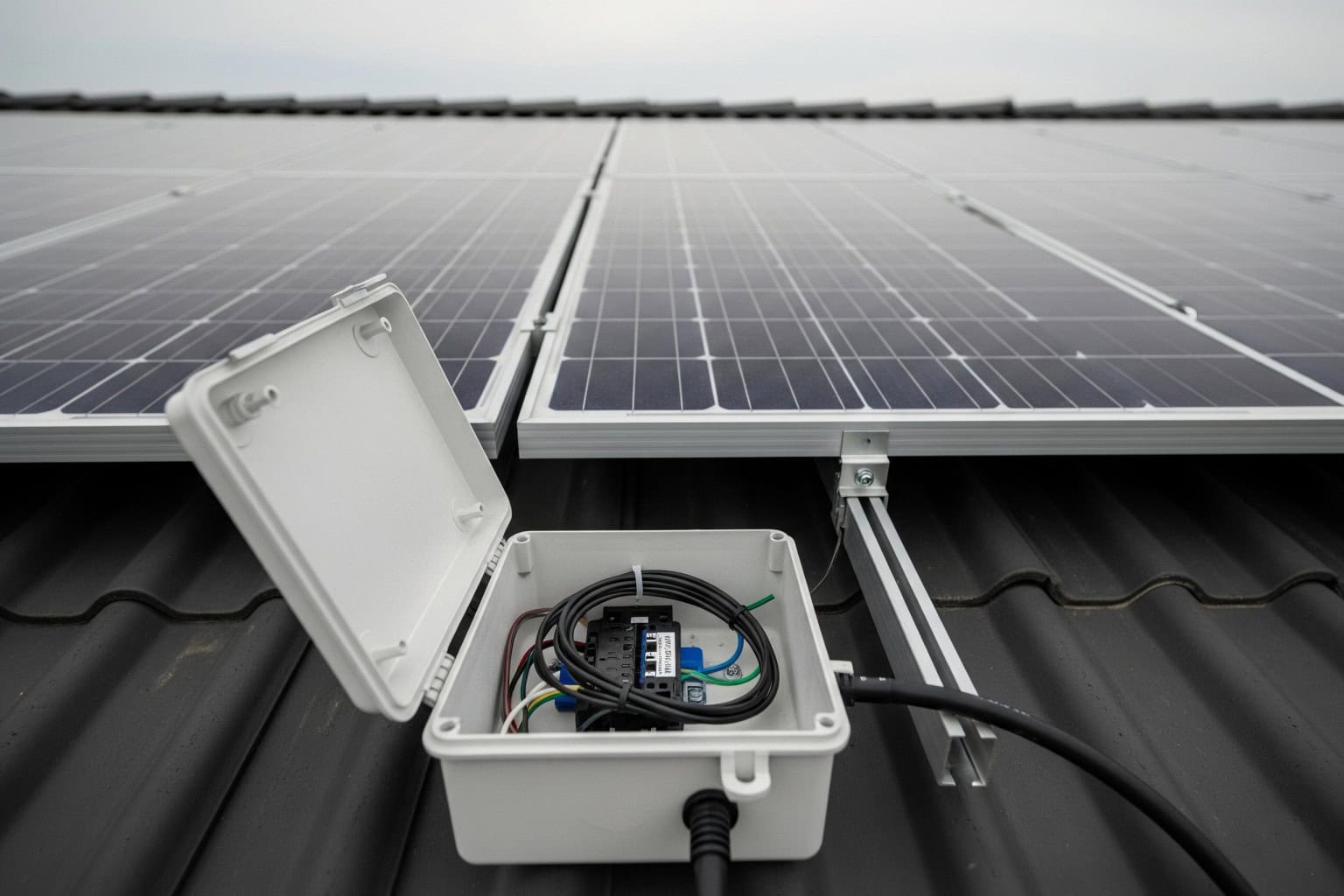 Solar maintenance of Junction box and wiring Junction box and wiring during solar maintenance in Upstate SC.