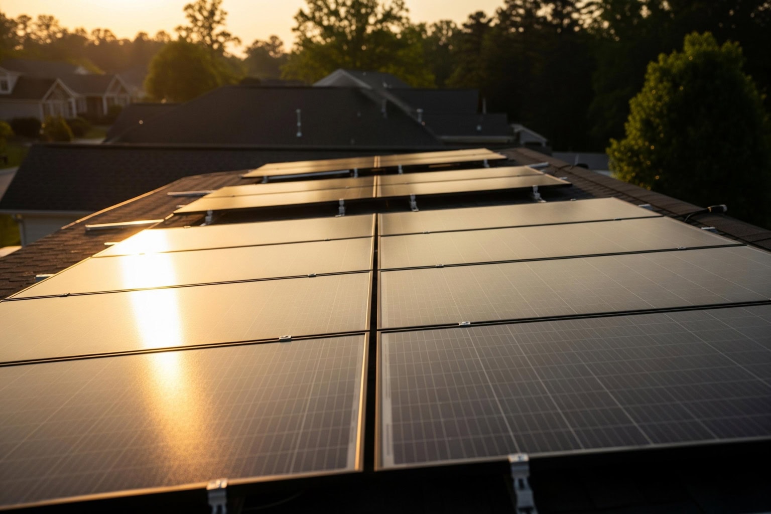 Clean solar panels in Upstate South Carolina Clean solar panels on a residential roof in Upstate SC after professional maintenance.