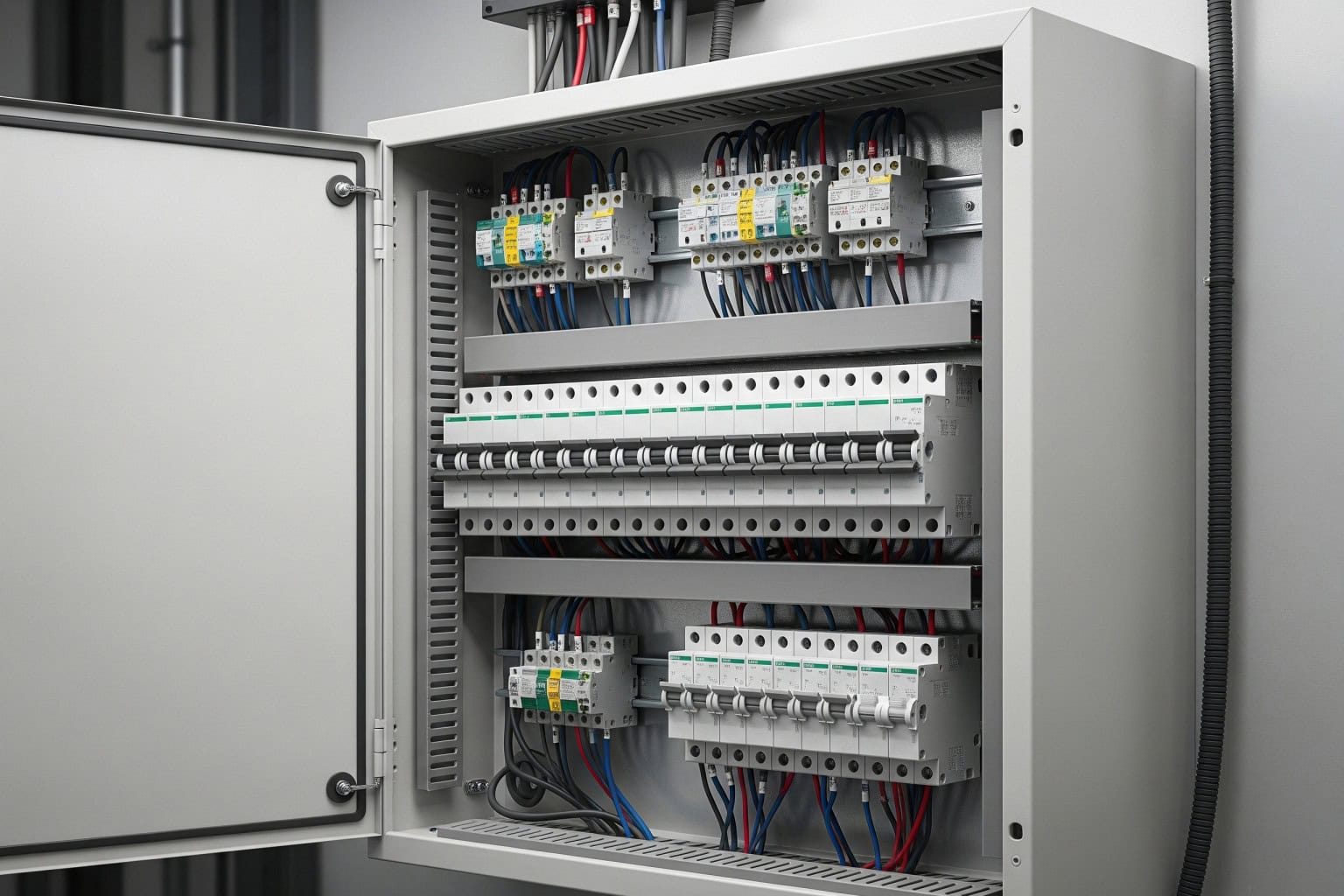 Safe and reliable rewired breaker panel in Spartanburg SC A newly rewired breaker panel in a Spartanburg, SC home, aligned for safety and reliability.
