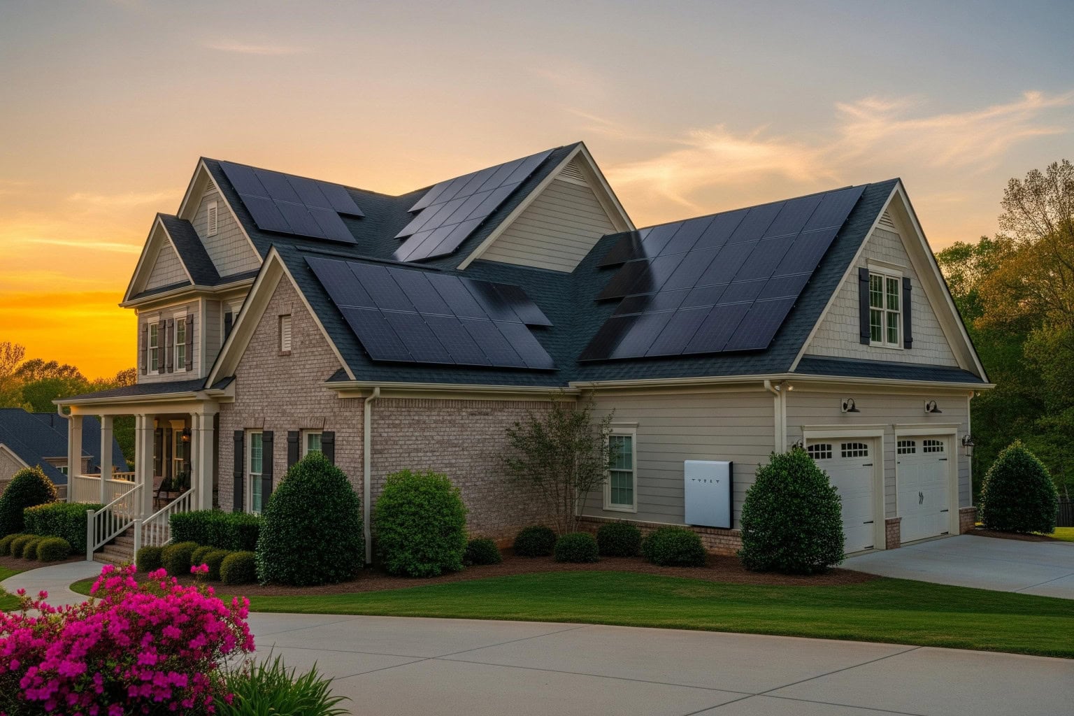 Spartanburg home with solar and battery backup. Spartanburg suburban home with solar panels and battery backup system.