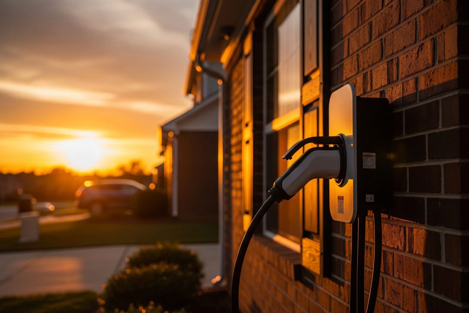 Exterior home EV charger installation Greenville SC Greenville SC home exterior with EV charger mounted near garage door.