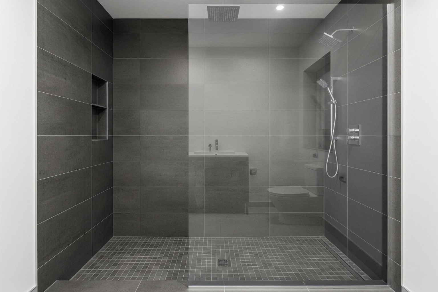 Walk-in shower installation in Piedmont SC Walk-in shower installation in Piedmont SC with glass enclosure and rainfall shower.