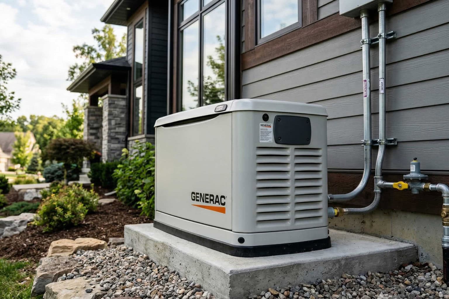 Generac home standby generator installed beside a modern home Generac home standby generator installed beside a modern home in Greenville, SC with conduit and gas line connections