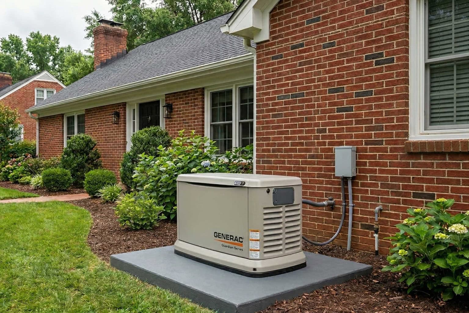 Generac home standby generator installed Generac home standby generator installed on concrete pad beside a residential home in Greenville, SC