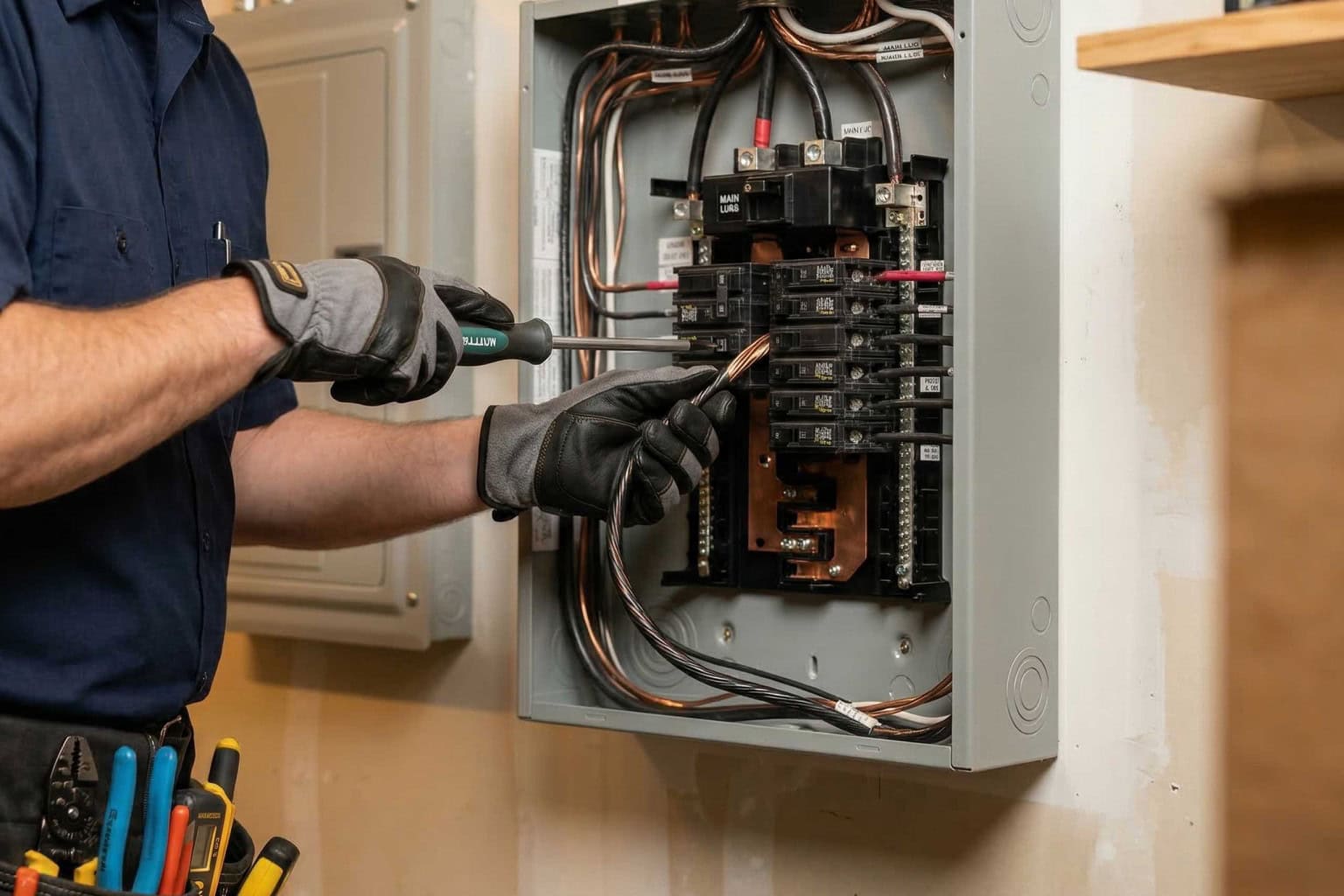 Residential automatic transfer switch panel Residential automatic transfer switch panel with clean color-coded wiring and breakers for a Generac standby generator system