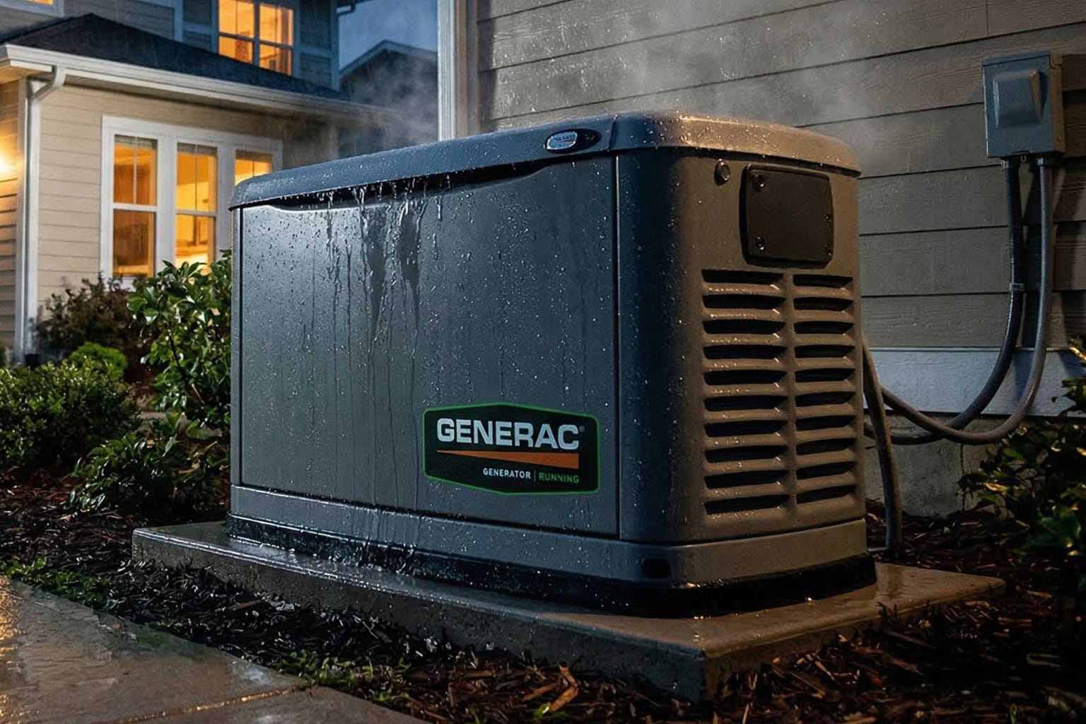 Generac whole-home standby generator running at night Generac whole-home standby generator running at night during a storm beside a lit residential home in Greenville, SC