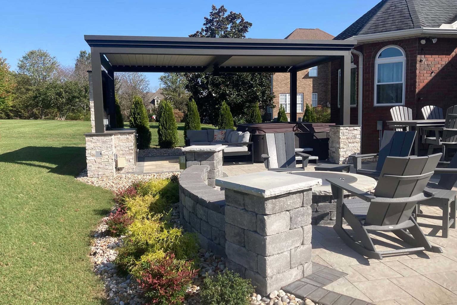 Attached Pergola Patio Extension — Anderson SC Attached pergola installation extending from an Anderson, SC home over a backyard patio
