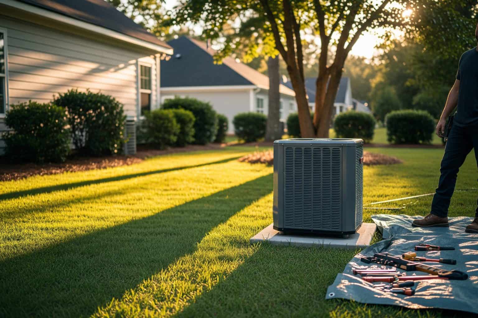 Replacing old AC unit with modern system during upgrade in Greenville, SC Firefly technician replacing an old AC unit with a modern system during a residential upgrade in Greenville South Carolina.