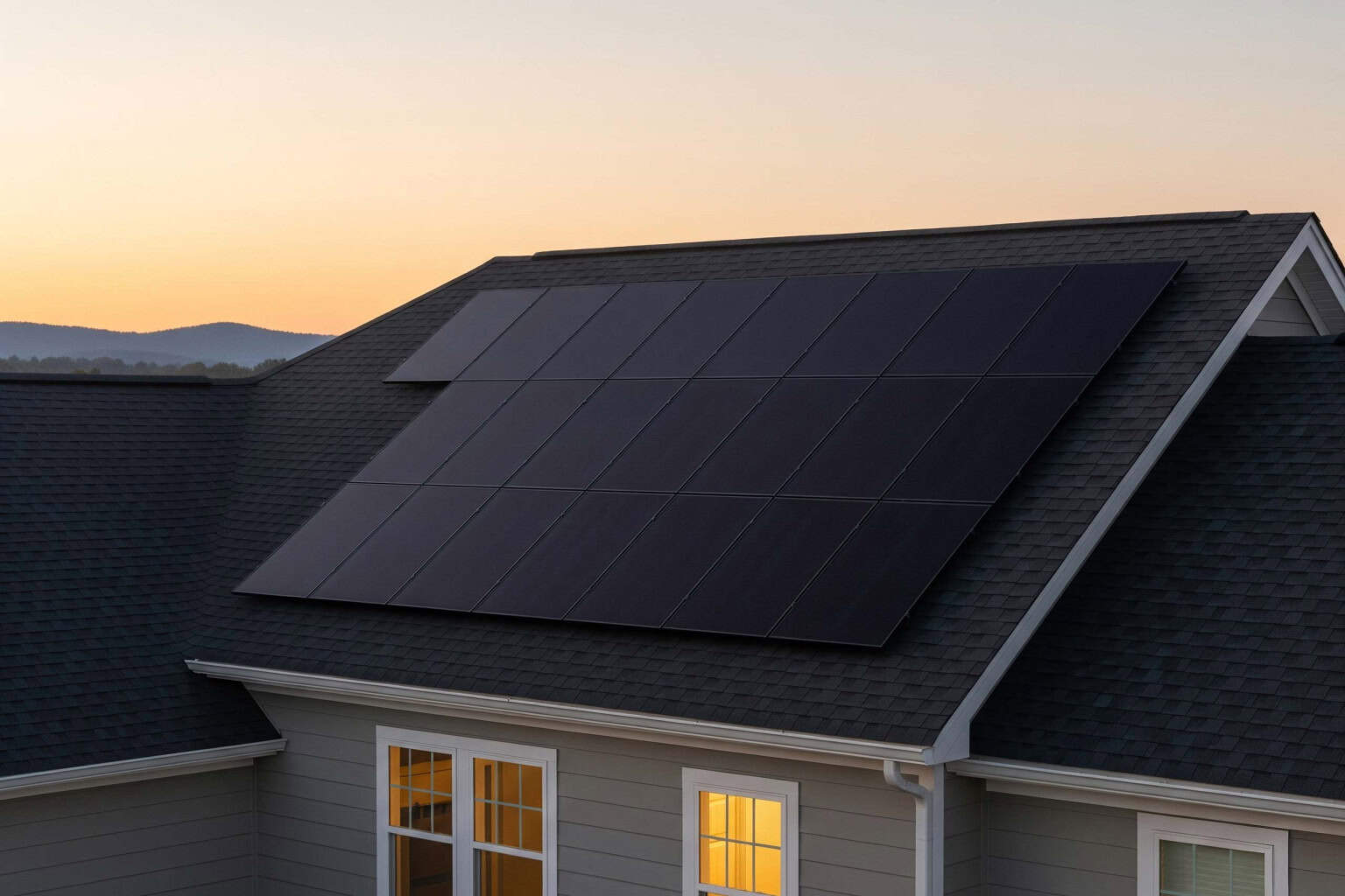 Solar Panel Installation Greenville SC Home Residential solar panel installation on a Greenville SC home with clean gray panels under a golden sunset sky.